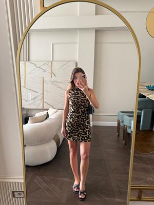 Leopar Desenli Mini Kolsuz Elbise
