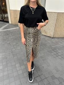 Leopar Desenli Önü Düğmeli Denim Etek 