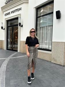 Leopar Desenli Önü Düğmeli Denim Etek 