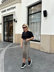 Leopar Desenli Önü Düğmeli Denim Etek 