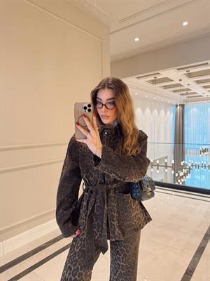 Leopar Desenli Özel Seri Kuşaklı Gabardin Ceket