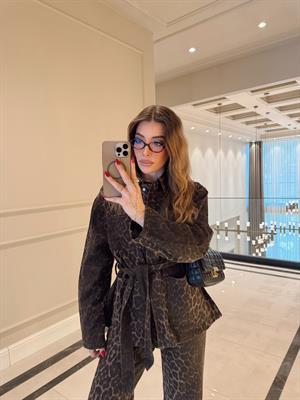 Leopar Desenli Özel Seri Kuşaklı Gabardin Ceket