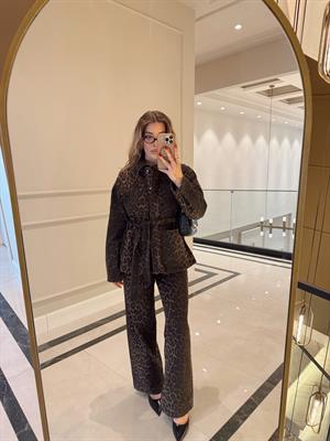 Leopar Desenli Özel Seri Kuşaklı Gabardin Ceket