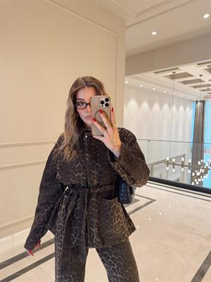 Leopar Desenli Özel Seri Kuşaklı Gabardin Ceket