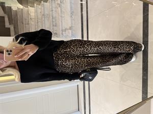 Leopar Desenli Paçası Biyeli Bol Paça Pantolon 