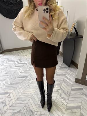 Marka Model Kahve Yırtmaçlı Şort Etek