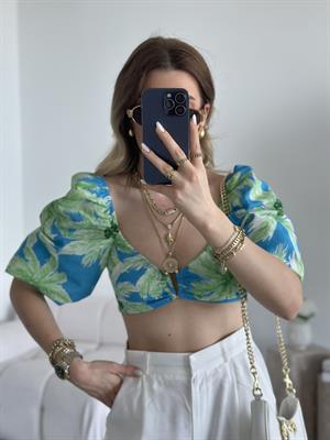 Mavi Balon Kol Desenli Bluz