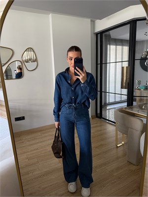 Mavi Bel Bağcıklı Wide Leg Jean - 3647
