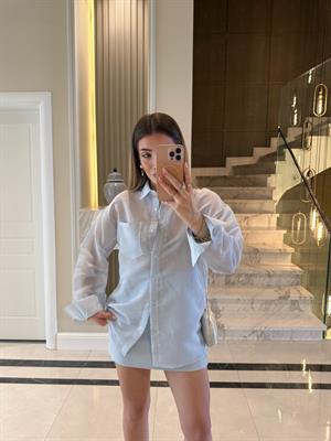 Mavi-Beyaz Çizgili Ms Oversize Gömlek 