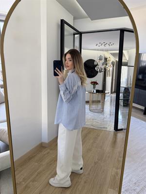 Mavi Dantel Şeritli Çizgili Gömlek-4958