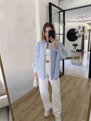 Mavi Dantel Şeritli Çizgili Gömlek-4958