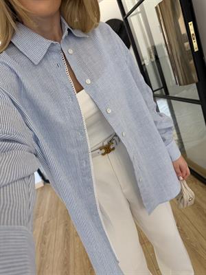 Mavi Dantel Şeritli Çizgili Gömlek-4958