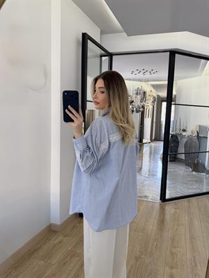 Mavi Dantel Şeritli Çizgili Gömlek-4958