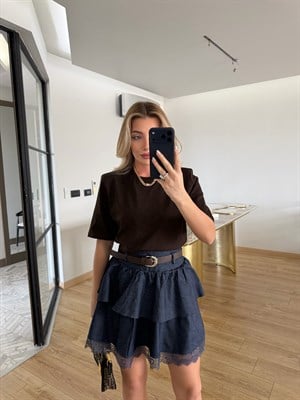 Mavi Dantelli Kemerli Kot Etek - 1016