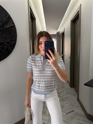 Mavi-Krem Polo Yaka triko Tişört-1094