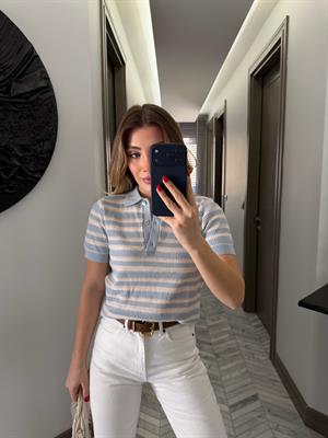 Mavi-Krem Polo Yaka triko Tişört-1094