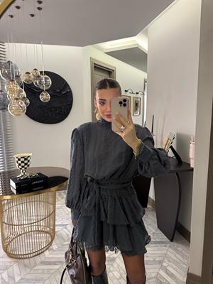 Mavi Özel Dokuda Kendinden Çizgili Elbise-35540