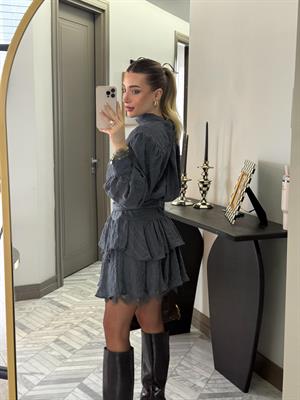 Mavi Özel Dokuda Kendinden Çizgili Elbise-35540