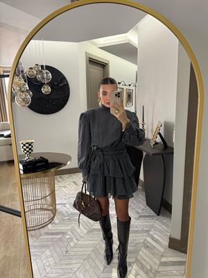 Mavi Özel Dokuda Kendinden Çizgili Elbise-35540