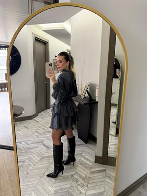 Mavi Özel Dokuda Kendinden Çizgili Elbise-35540