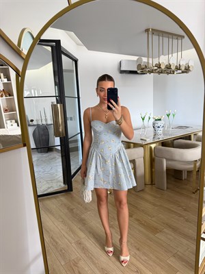 Mavi-Sarı Mini Kuplu Çiçekli Elbise - 12480