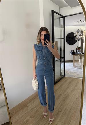 Mavi Sıfır Kollu Denim Tulum 