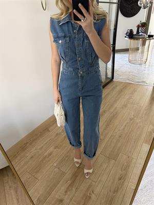 Mavi Sıfır Kollu Denim Tulum 