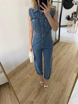 Mavi Sıfır Kollu Denim Tulum 