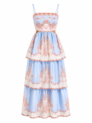 Mavi Vintage Desenli Katlı Elbise 