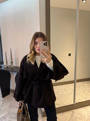 Mürdüm Apoletli Oversize Kısa Trenç-9582