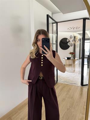 Mürdüm Kemerli Yelek Pantolon Takım-9716