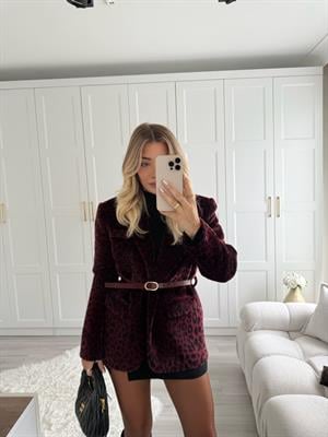 Mürdüm Leopar Desenli Peluş Ceket-9490