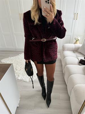 Mürdüm Leopar Desenli Peluş Ceket-9490