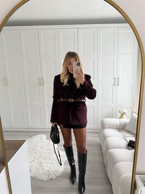 Mürdüm Leopar Desenli Peluş Ceket-9490