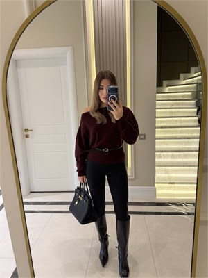 Mürdüm Ruby Omuz Dekolteli Kemerli Kazak - 5325