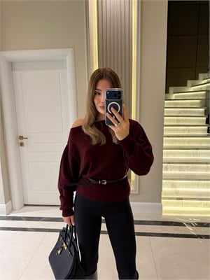 Mürdüm Ruby Omuz Dekolteli Kemerli Kazak - 5325