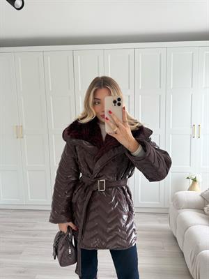 Mürdüm Rugan Kürk Detaylı Şişme Mont