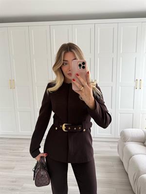 Kahve Sıfır Yakalı Kemerli Ceket Pantolon İkili Takım