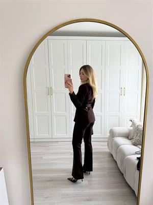 Kahve Sıfır Yakalı Kemerli Ceket Pantolon İkili Takım