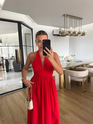Nar Çiçeği Boyundan Bağlamalı Midi Elbise - 12451