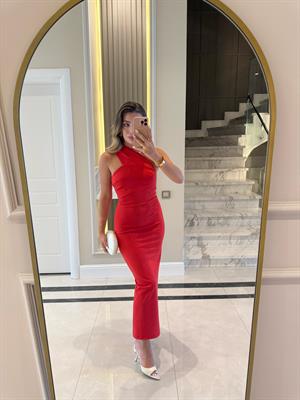 Nar Çiçeği Tek Omuz Midi Boy Elbise