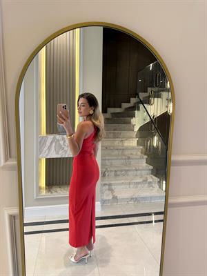 Nar Çiçeği Tek Omuz Midi Boy Elbise