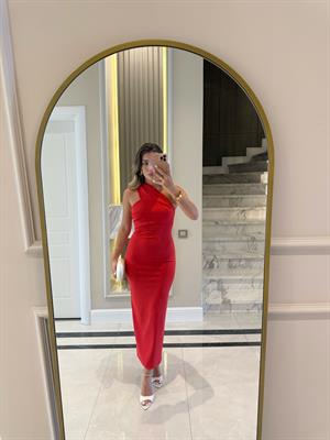 Nar Çiçeği Tek Omuz Midi Boy Elbise