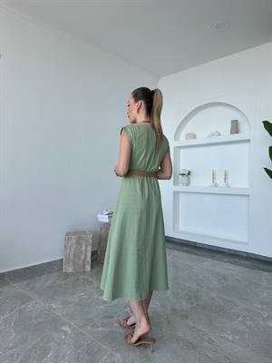 Nil Yeşili Hasır Kemerli Kruvaze Elbise