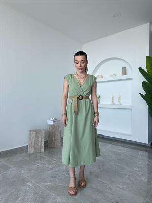 Nil Yeşili Hasır Kemerli Kruvaze Elbise