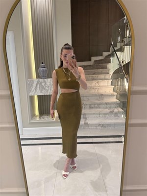 Olive Bel Detaylı Elbise