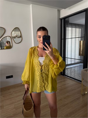 Yağ Yeşili Dantelli Gömlek - 5108