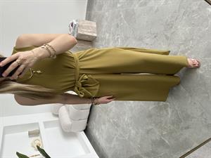 Olive Geniş Paça Kuşaklı Tulum
