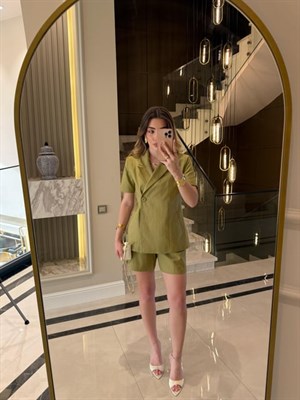 Olive Keten Kısa Kol Blazer Ceket-Takım