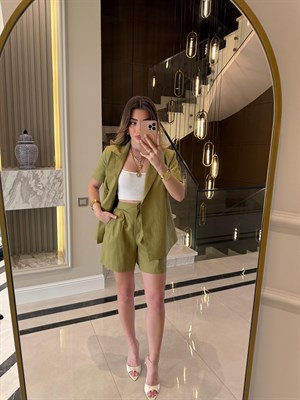 Olive Keten Kısa Kol Blazer Ceket-Takım